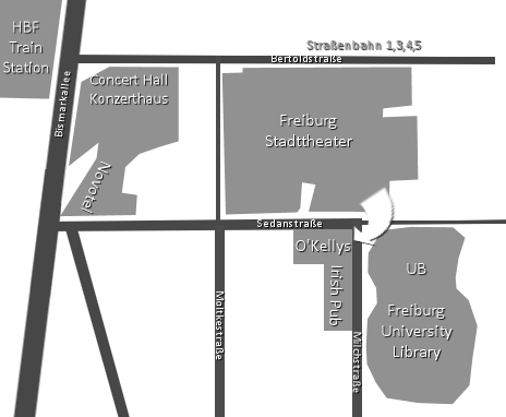 Map: O'Kellys is on Sedanstra&szlig;e next to the Stadttheater and the University Library, a few minutes from the train station